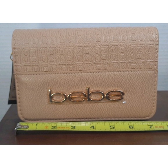 NWT Bebe Zuri Crossbody Purse Bag Almond Color Gold Logo Women's Small E02-4497E - Picture 10 of 11